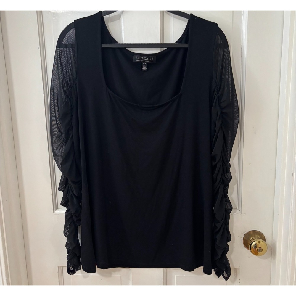Eloquii‎ Black Sexy Witchy Whimsygoth 18/20 Sheer Ruched Sleeve Square Neck Top